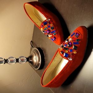 Bandolino Spectra Red Suede Multi-color Stones size 8 AA.